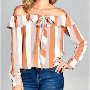 NWT Off The Shoulder Flounce Ribbon Tie Stripe Top